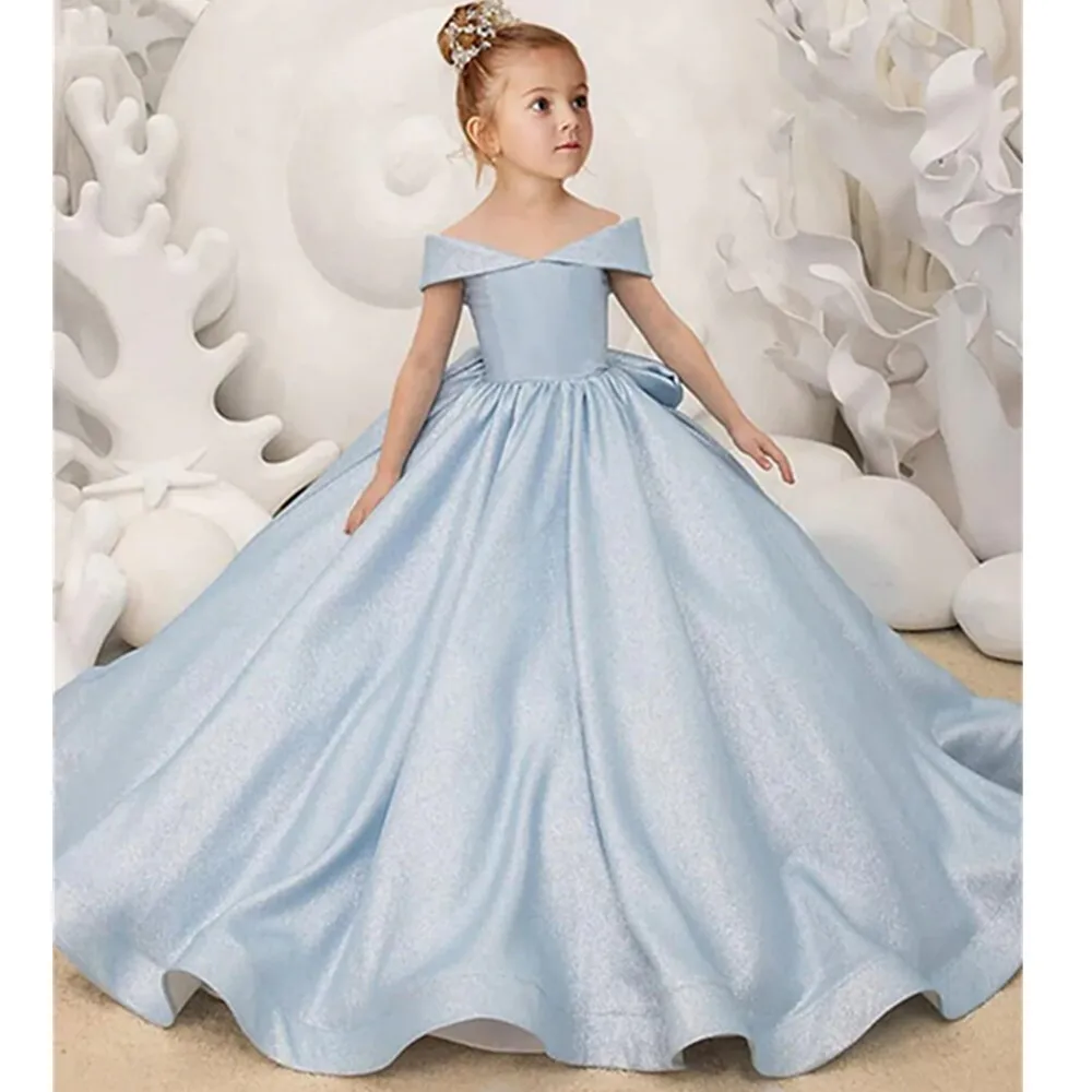 Vestidos de niña de flores azul claro, vestido de baile de satén de princesa elegante con lazo Simple para niños, fiesta de cumpleaños, primera comunión