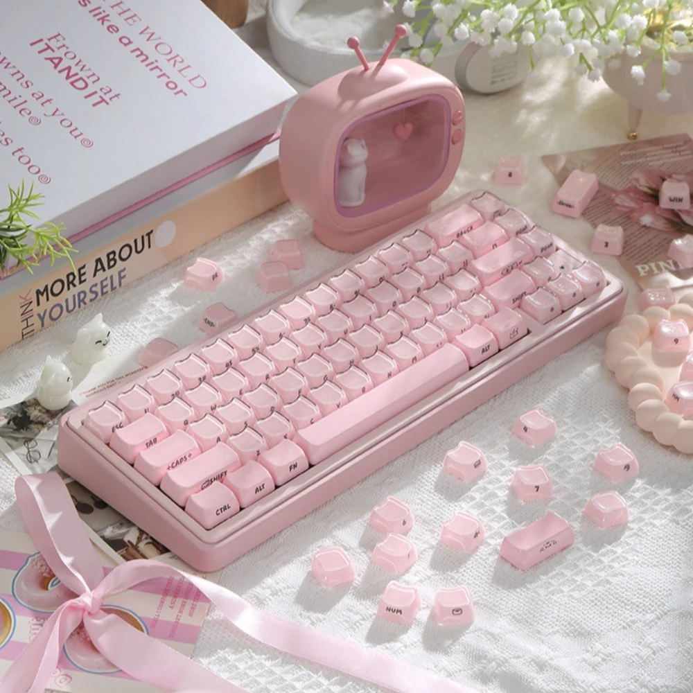 

Милые розовые кейкапы с принтом белого кота, полный набор персонализированных кейкапов для механических клавиатур на 68/75/87/108 клавиш