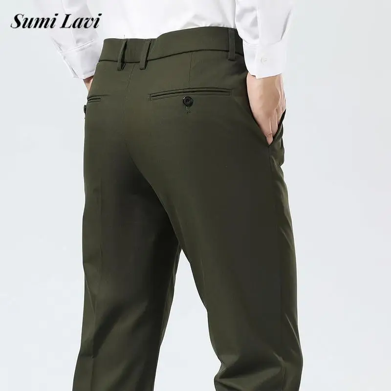 

Повседневные мужские эластичные тонкие чиносы для отдыха, весенне-осенние деловые повседневные прямые брюки, мужские винтажные однотонные костюмные брюки