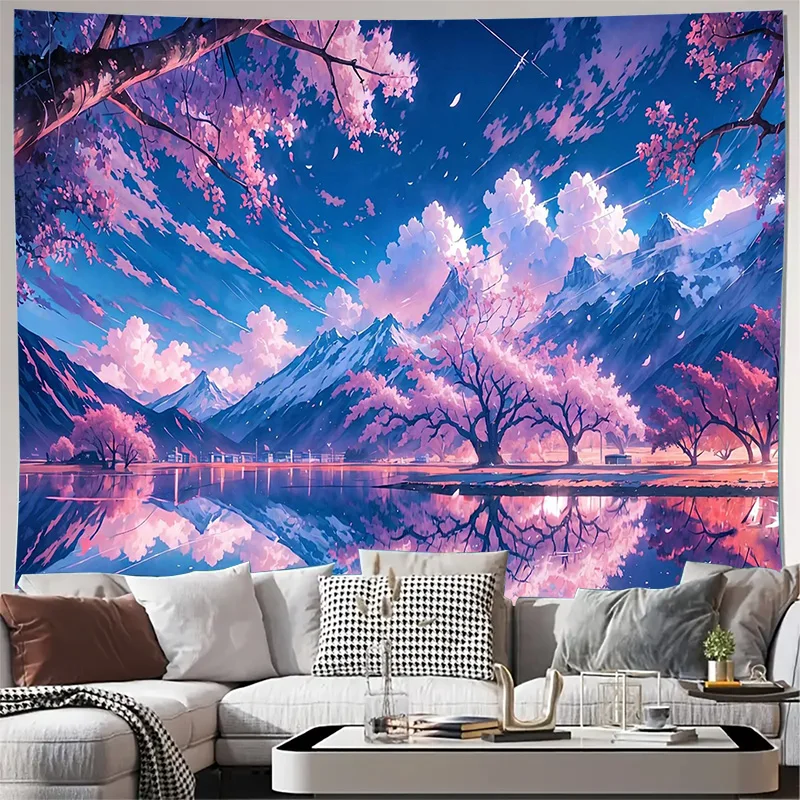 Sakura Cherry Blossom Mountain Lake Sky Reflection Wall Tapestry Machine Washable All Season  Fantasy Landscape Design Home