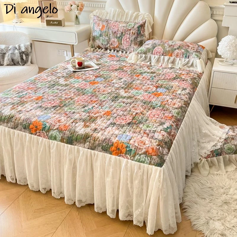 Double Queen Size Mattress Cover, European Style, Embroidery, Cotton, Thickened, Quilting Bed Skirt, Bedspread Pillowcase, #/