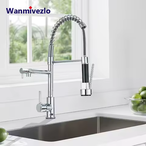 Wanmivezlo Pull Down Kitchen Sink Faucet Hot Cold Water Mixer Crane Tap with Dual Spout 360 Rotation High Faucet Deck Mounted