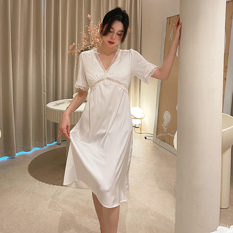 Sleepwear Women Nightdress Satin Lace Sleep Dress Long Sleeve V-neck Nightgown Loungewear Robe Kimono Summer Dressing Gown