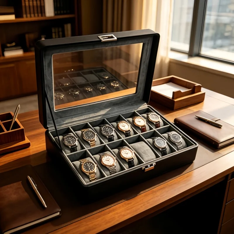 

7Pcs 12 Slot Leather Watch Box Set, Lockable Clear Window Watch Display Case + 6 Spring Self-Closing Storage Bags for Men Travel