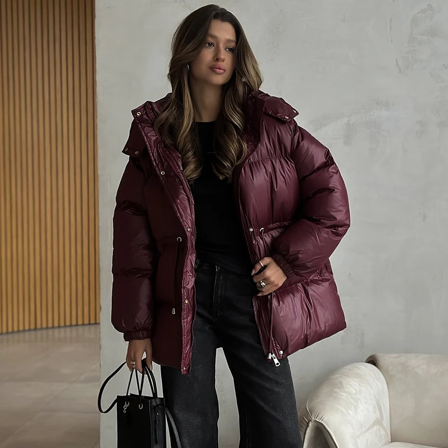 

Зимнее теплое женское хлопковое стеганое пальто, модная повседневная куртка с капюшоном на шнурке, короткие парки, однотонная женская верхняя одежда с карманами