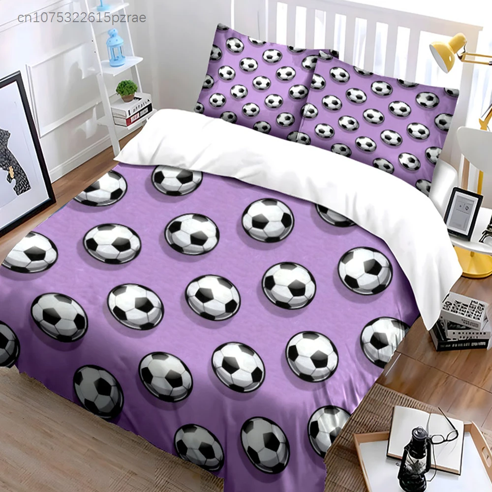 紫色の背景シンプルなサッカーボールパターン-3-個寝具セットソフトマイクロファイバー布団カバー枕カバーセット子供部屋の装飾用