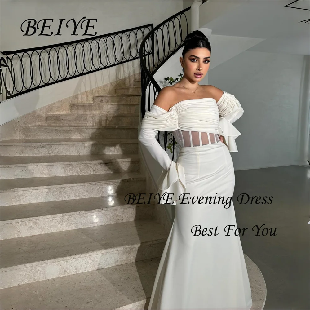 Beye encantador marfim mangas compridas sereia sem alças fora do ombro vestidos de noite vestido de baile formal vestido de festa personalizado