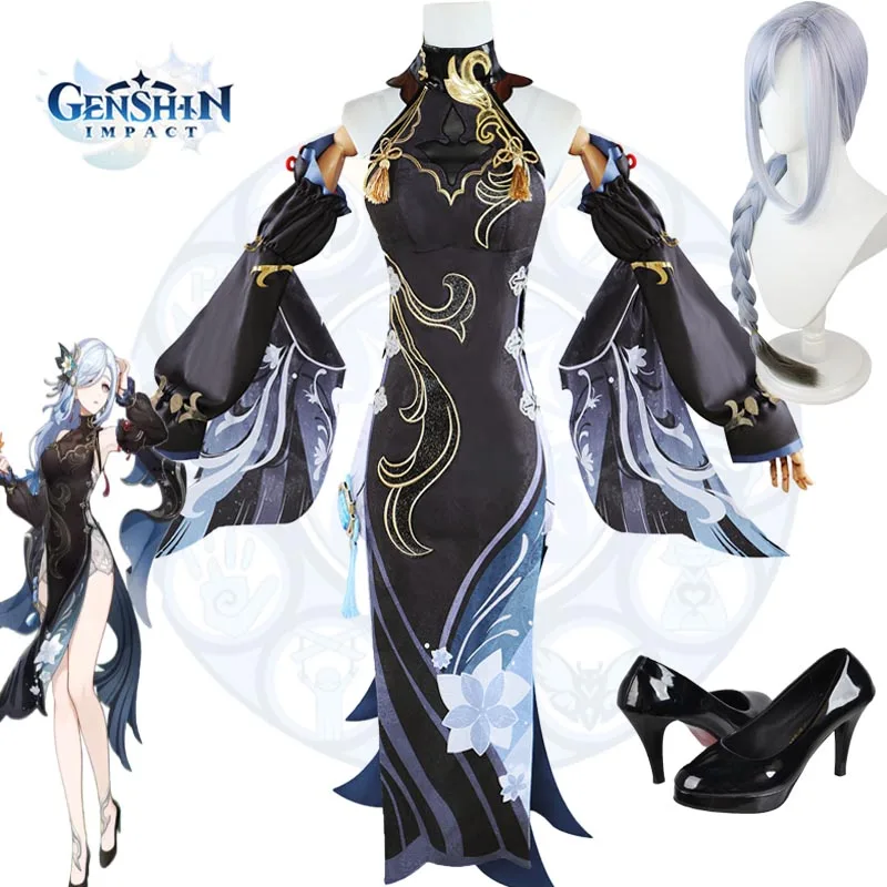 Shenhe Genshin Impact Cosplay Kostuum Sexy Jurk Fishtail Heup Pruik Schoenen Full Set Outfit Rollenspel Uniform Kleding Vrouwen