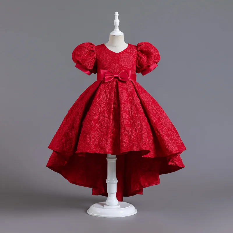 Autumn Children's Floral Princess Floor Length Puff Sleeve Cocktail Dresses for Girls Concert Tail Host Performance Walk Costume