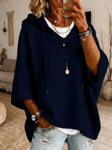 Plus Size Oversized Drawstring Hoodie Blouse Half Sleeve Relaxed Fit Daily Wear Shirt