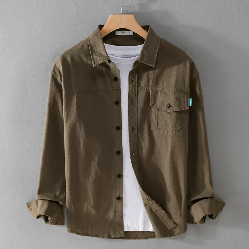 

American Retro Cargo Shirt Men Spring Fall Casual Pure Cotton Men Tops Simple Lapel Pocket Long Sleeve Shirt Man Daily Clothing