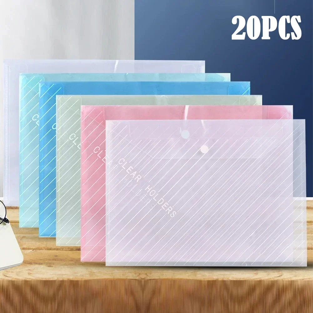 

20Pcs A4 Twill Waterproof Snap Buckles Large Capacity Office Materials Student Test Paper Pocket Folders Transparent File Bags