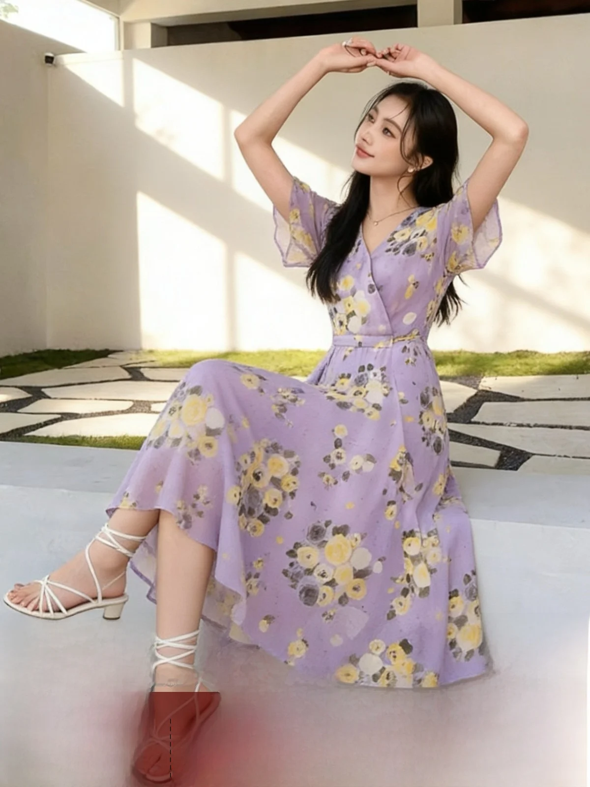 

Summer Purple Chiffon V-neck Holiday Beach Dress Gentle Large Swing A-line Skirt Short Sleeve One-piece Strapless Women's Dress