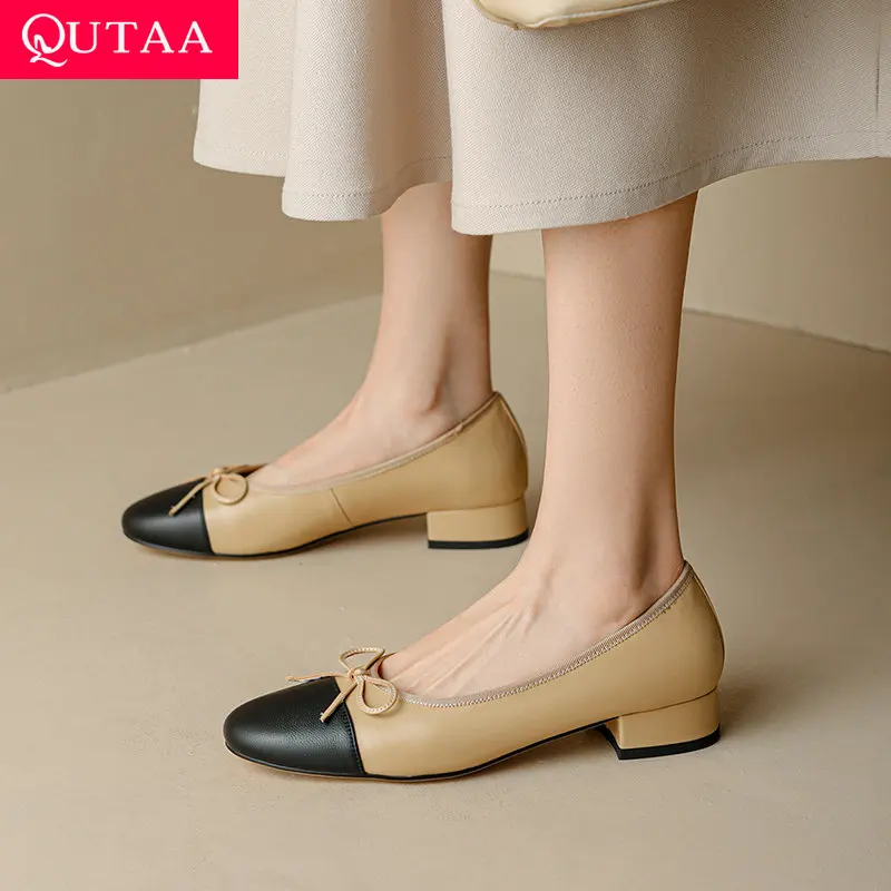 QUTAA 2022 Pointed Toe Genuine Leather Retro Ladies Shoes Spring Autumn Mixed Color Basic Women Square Low Heels Size 34-40