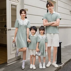 Mom and Daughter Collar Dresses Clothes for The Whole Family Matching Couple Outfits Dad Son Same Shirts Sets Summer 2024