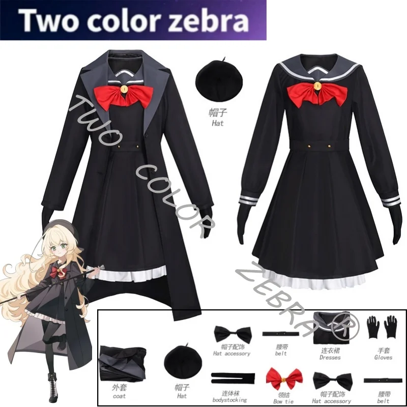 

Костюм для косплея Niyaniya из игры Blue Archive: черное школьное платье, пальто, шляпа, перчатки — полный комплект для Хэллоуина и Comic Con