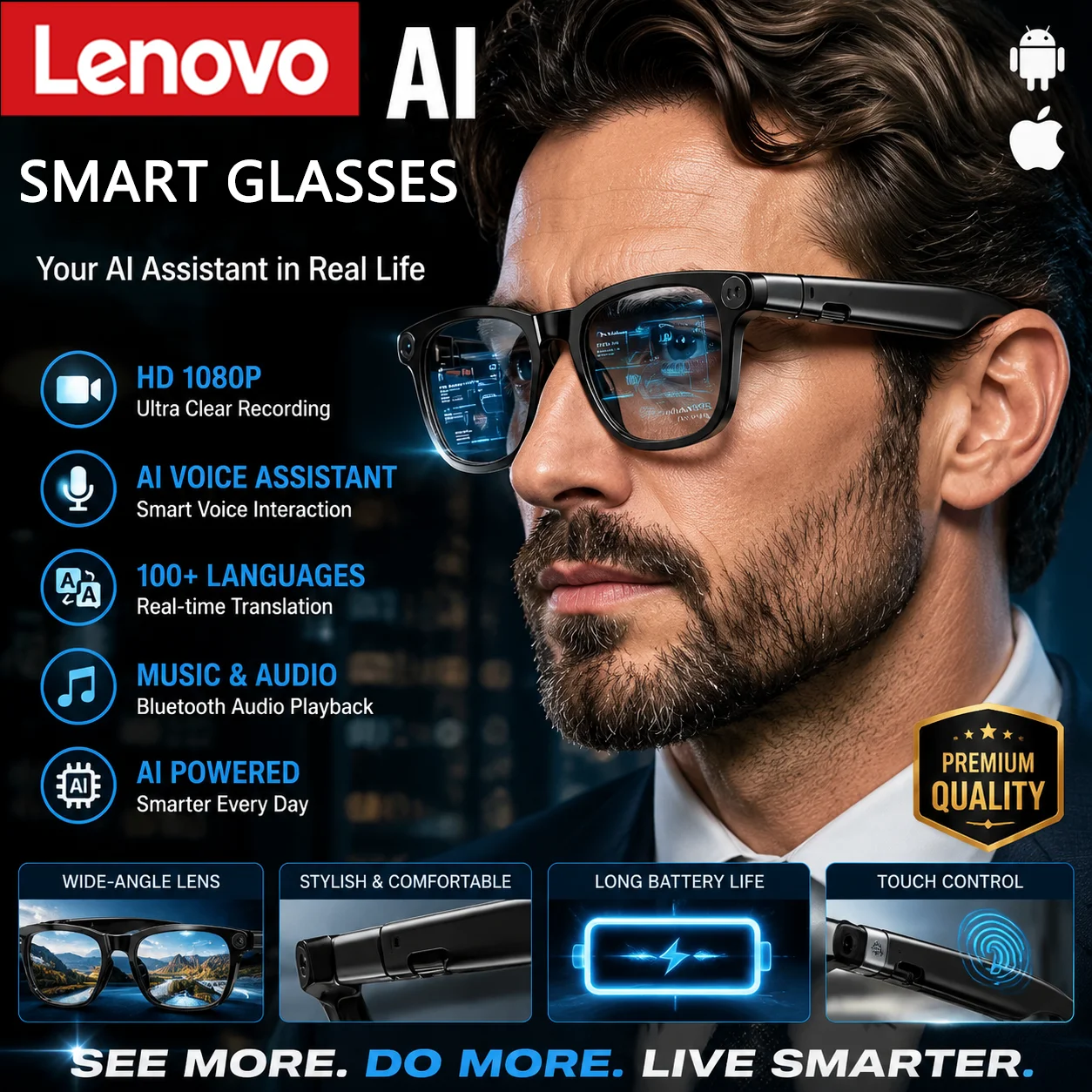 Lenovo Smart Glasses 8K HD With Upgrade Camera Video Recording AI Photo Recognition Bluetooth Call Translation Voice Sunglasses