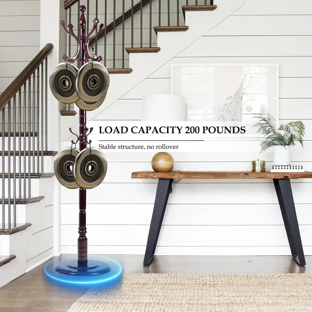 رف معطف خشبي قائم بذاته مع 14 خطافًا، حامل على شكل شجرة طبيعية لسهولة التجميع، حل مثالي لتخزين المدخل #6