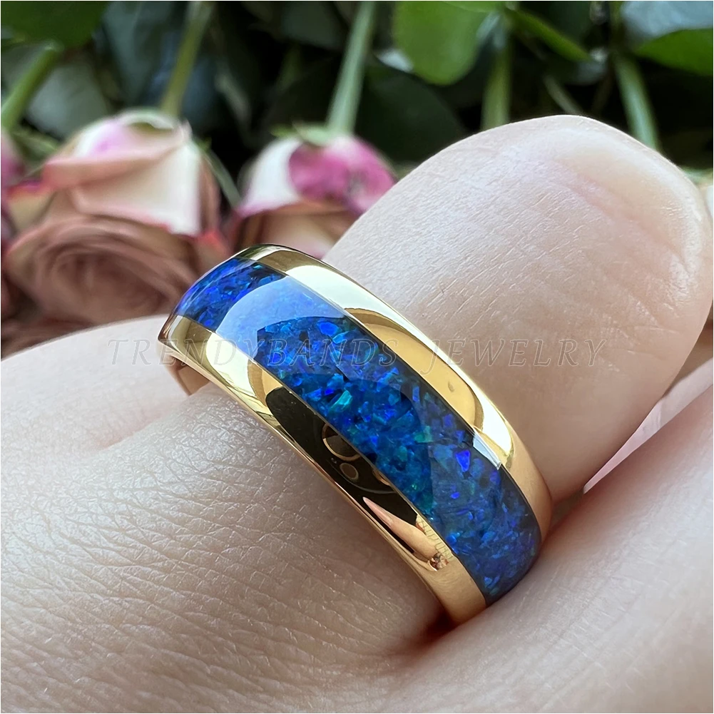 6 mm 8 mm Ringe für Männer und Frauen, Wolfram-Ehering, Modeschmuck, blaue Opal-Inlay, gewölbt, poliert, glänzend, bequeme Passform – Detail 15