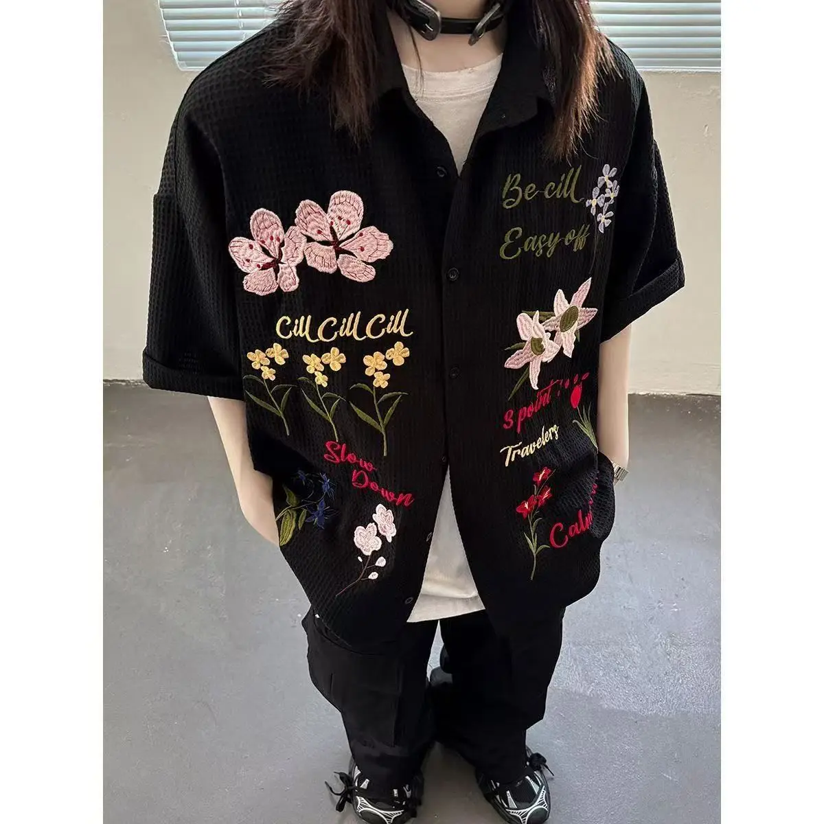 

Color Floral Short Sleeve Men's and Women's Waffle Heavy Industry Embroidered Shirt ins Summer New College Style Shirt