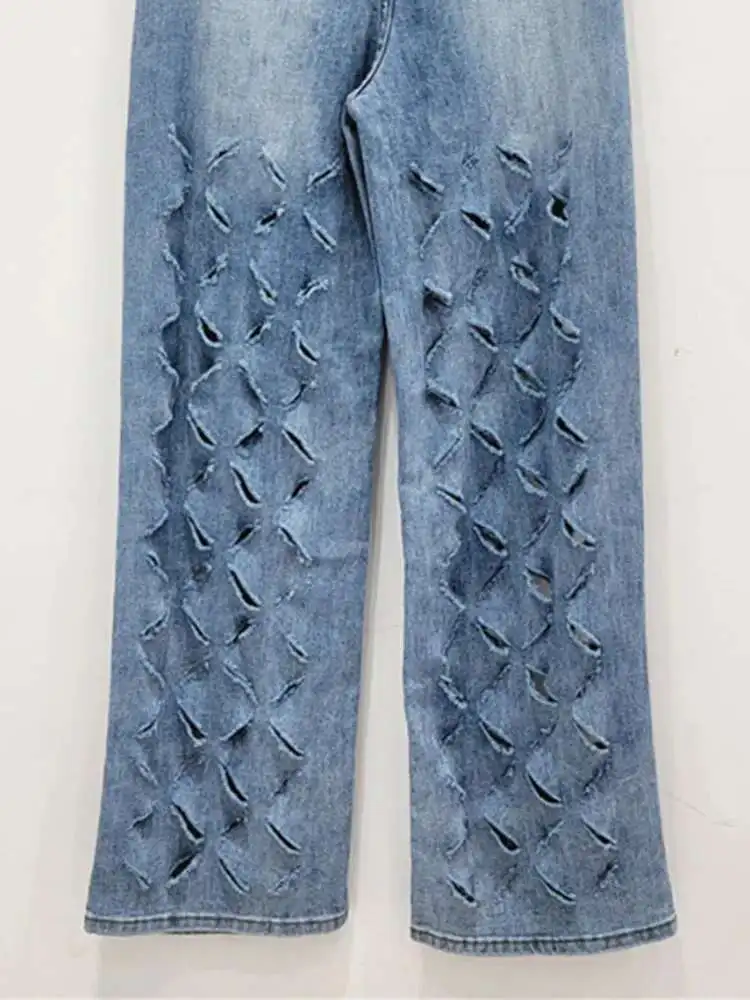 DEAT Women's Denim Pants Broken Holes Diamonds Tassel Design
