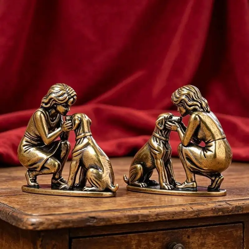Vintage-Messingstatue von Mädchen und Hund, handgefertigt, fein geschnitzt, antik veredelt, Dekoration für Kinderzimmer, Wohnkultur, Geschenk für Feiertage. – Detail 9