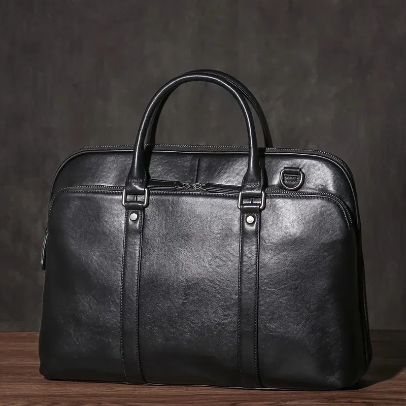 Luxury 15.6 Inch Men's Genuine Leather Laptop Briefcase, Executive Business Office Handbag & Portfolio Bag