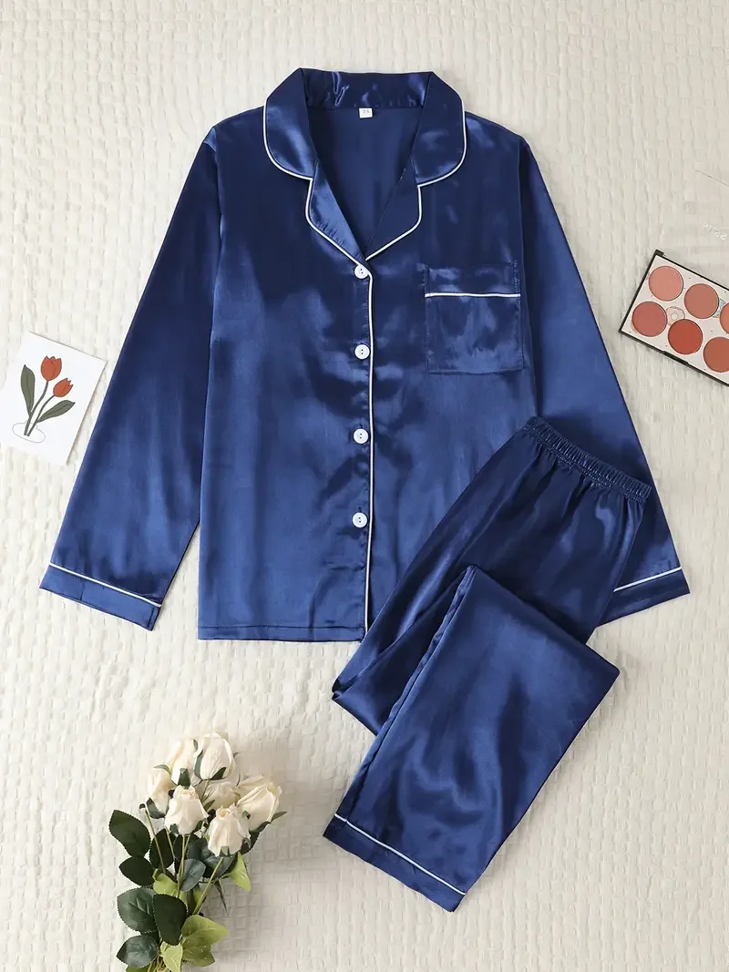 Damen Herbst Winter Seiden-Pyjama-Set Lässig Weich Atmungsaktiv und Bequem Lange Hemden und Lange Hosen Nachtwäsche – Detail 4