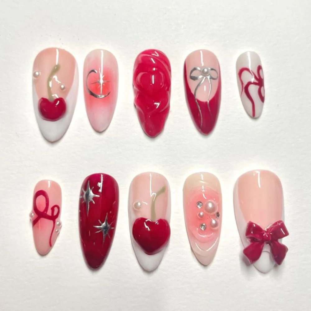 10 pezzi di armatura per manicure fatta a mano stampa sulle unghie unghie finte francesi unghie finte corte medie 3D arte rosa con set di lime per unghie adesive