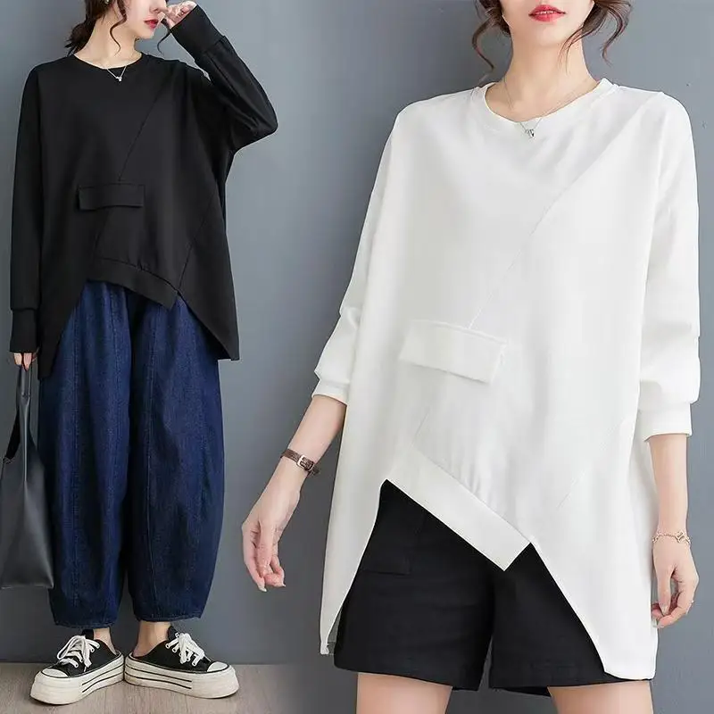 

Свободный тонкий топ для женщин. Женская футболка большого размера с длинными рукавами для женщин.