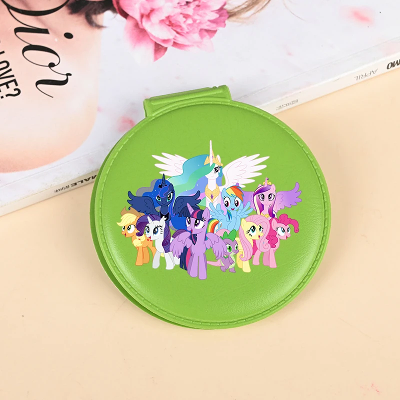 Kawaii My Little Ponys 화장품 돋보기 메이크업 거울 귀여운 애니메이션 라운드 포켓 컴팩트 메이크업 룩 유리 키 체인 포함 New