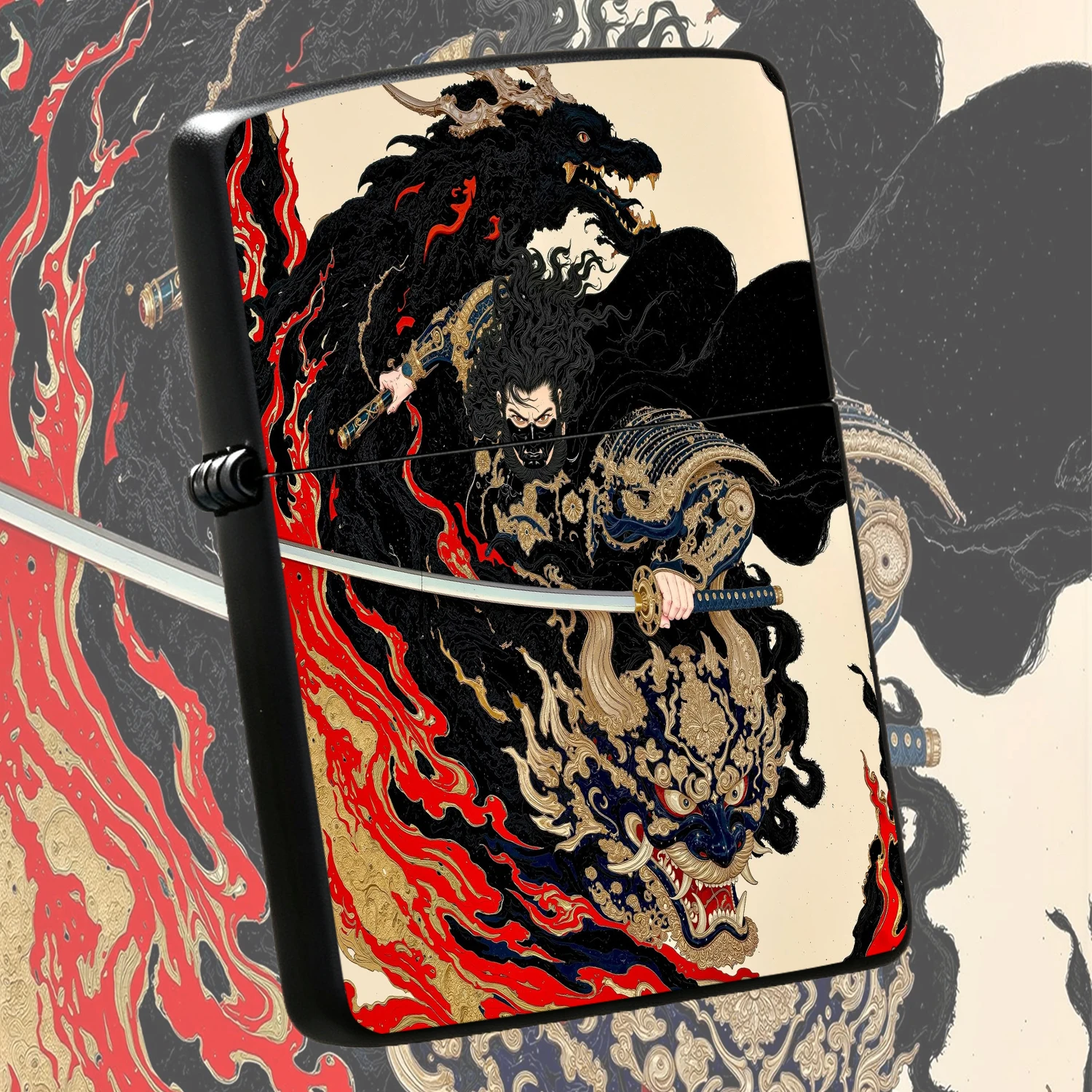 Ukiyo-E Style Dark Samurai Lighter With Mythical Pattern Exquisite Gilded Art Collectible Decorative Accessory Ideal Festival Birthday Gift For Men Elders Suitable For Daily Casual Various Scenes Personalized Stylish Carry-On Ornament A Hum