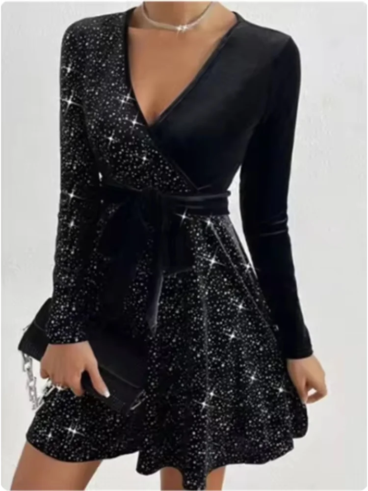 Sequin Long Sleeve Deep V Dress Women's Velvet Bodycon Mini Party Clubwear Evening Cocktail Gown