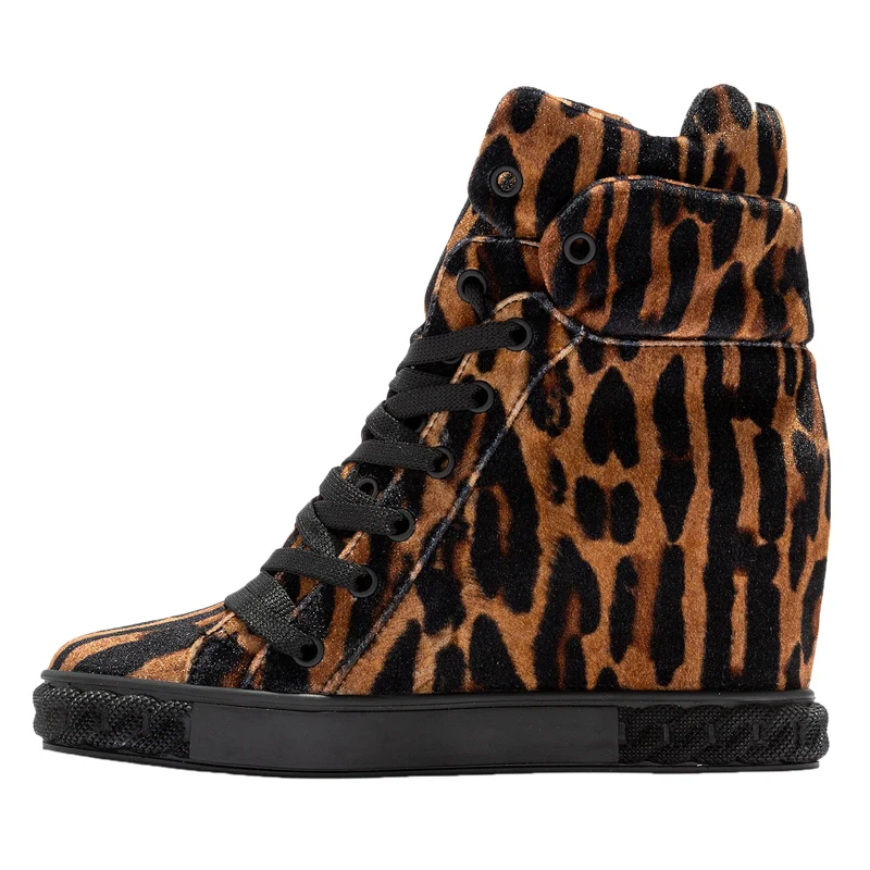Leopard horsehair Inner Wedge Ankle Boots Rim Rubber Sole Height Increasing Femme Hidden Wedge High top Real Leather Sneakers