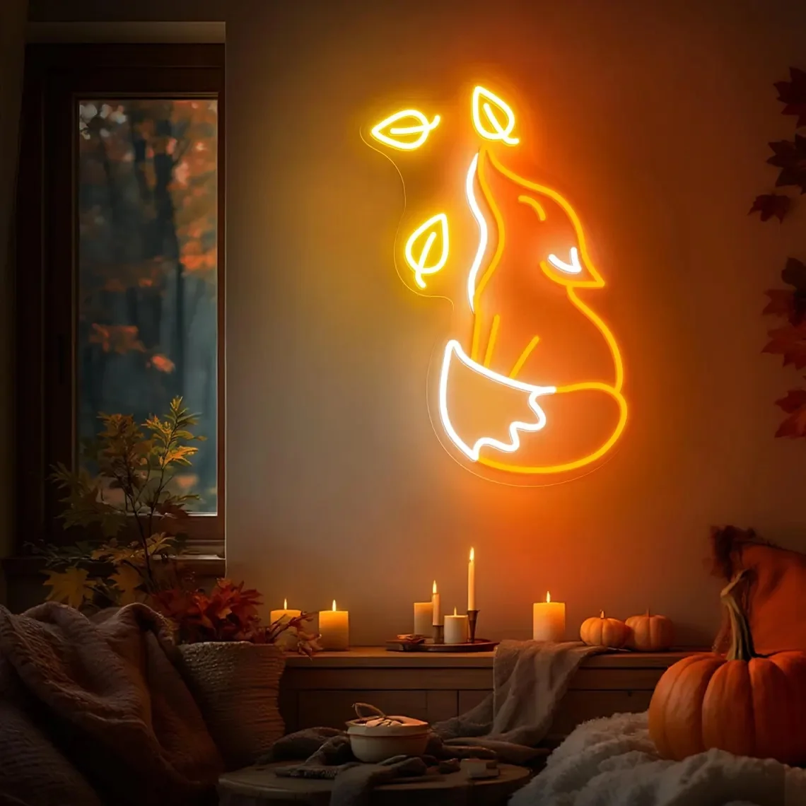 Fox with Autumn Leaf Neon Sign Cute Animal Wall Decor Custom Neon Sign