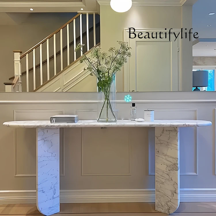 

French large white retro medieval marble entrance table oval design sense household entrance entrance