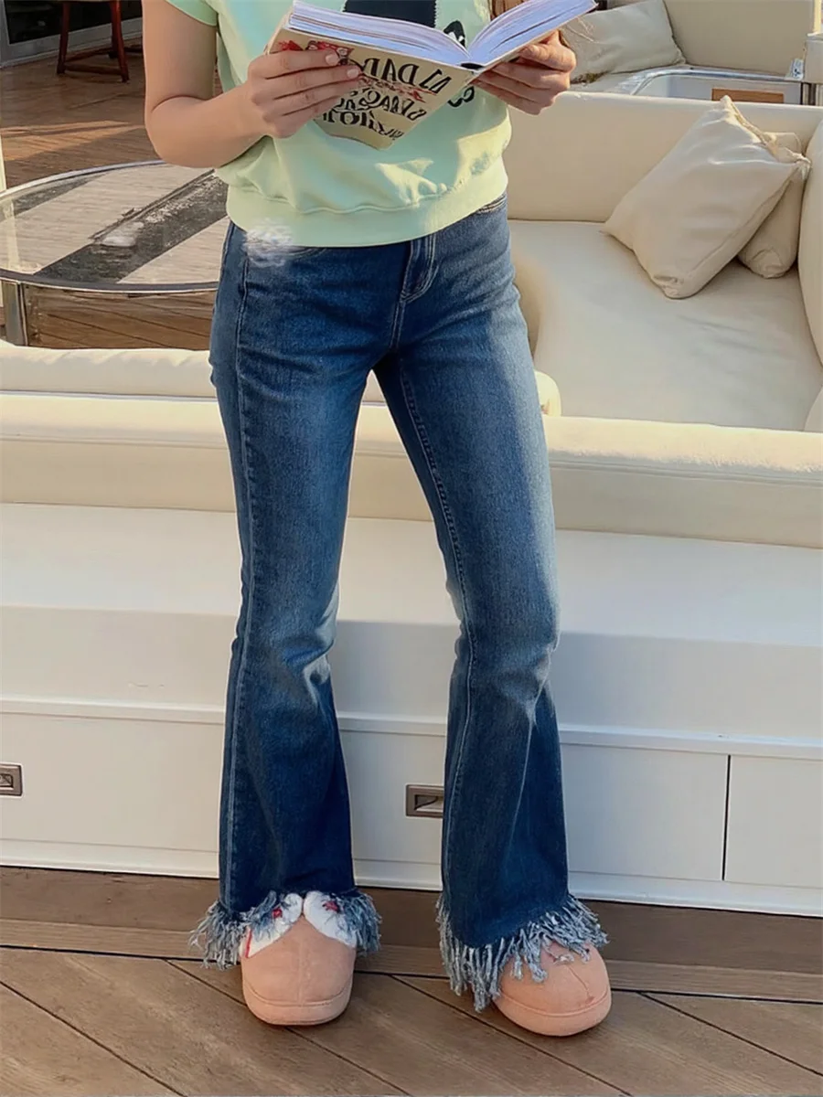 

Flare Tassels Denim Jeans Womens Patchwork Wide Legged Stretch Ripped Pockets Washed Embroidered High Waist Pleated Korean