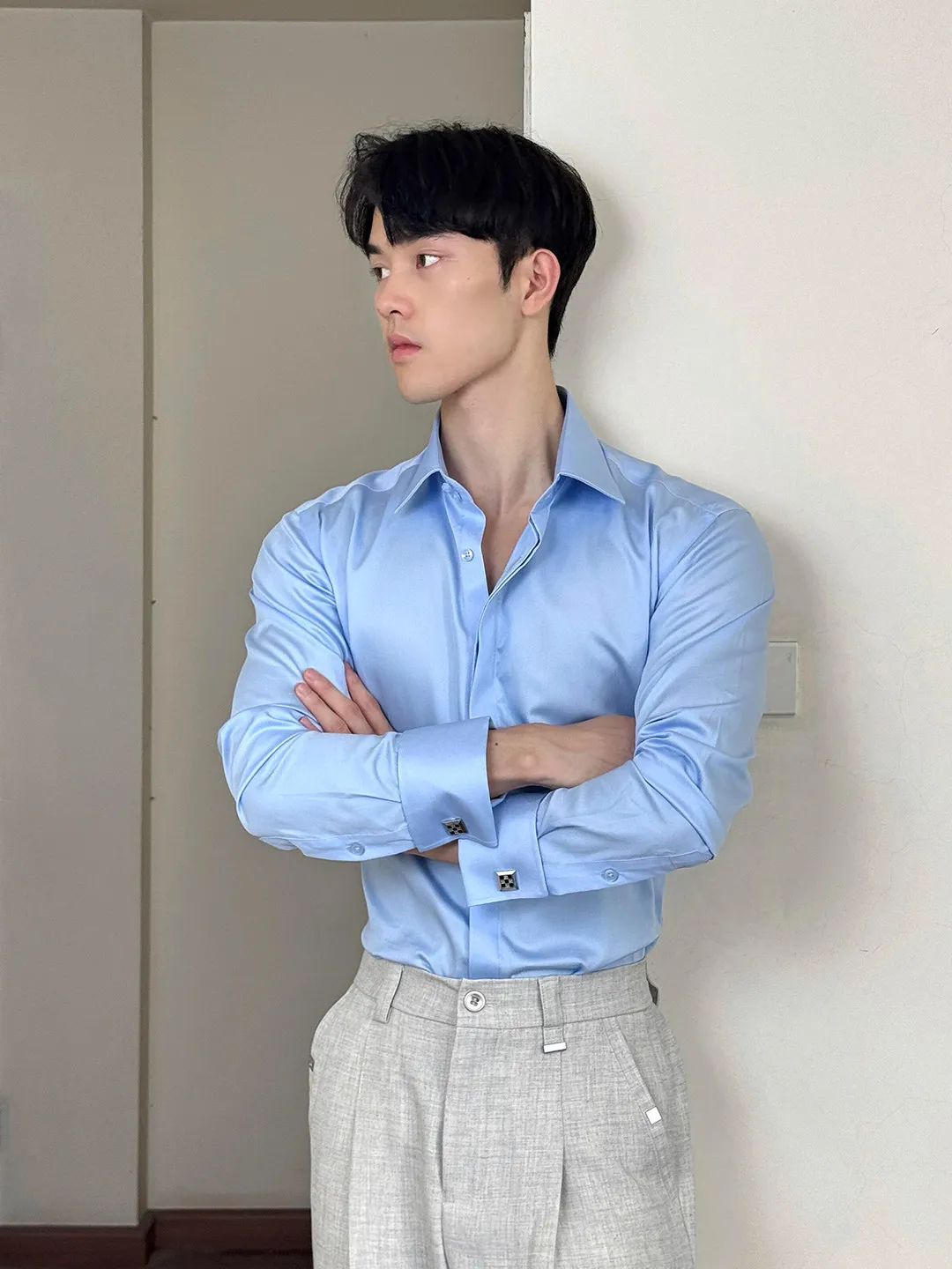 Blue Luxury Style Long Sleeve Shirt Men's Fashion Autumn High-End Feeling Checkered Mature Stable Inner Wear Anti-Wrinkle