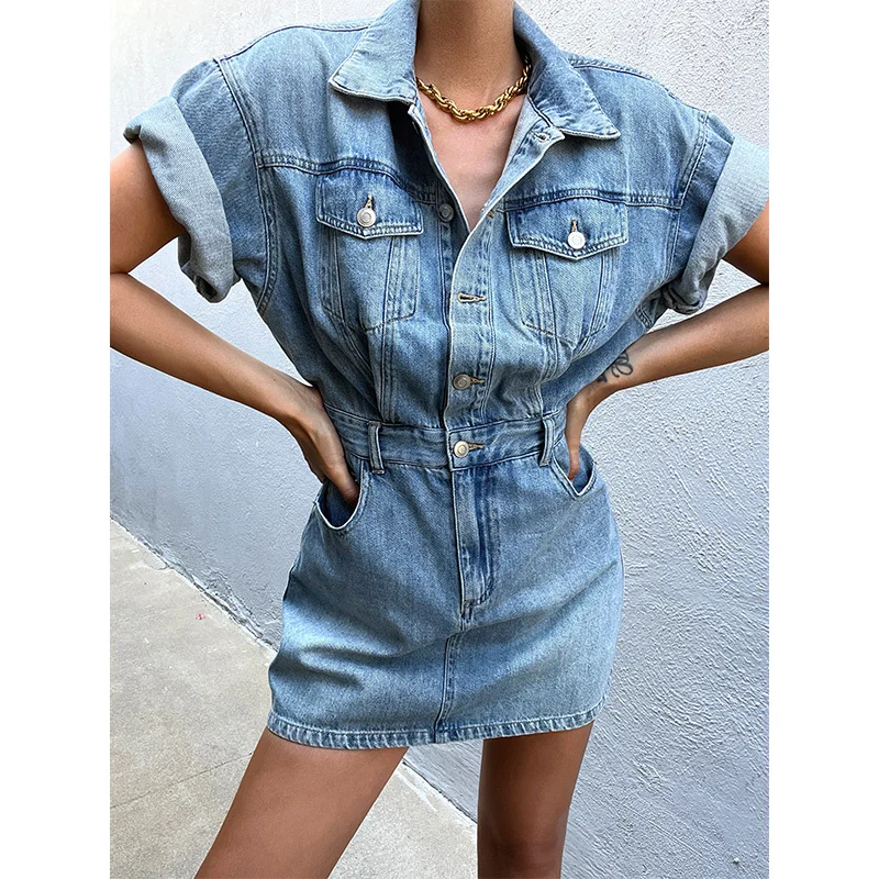 SheonDHF ins blogger style denim dress summer blue waist closed short sleeve retro work dress denim Hip Wrap Skirt