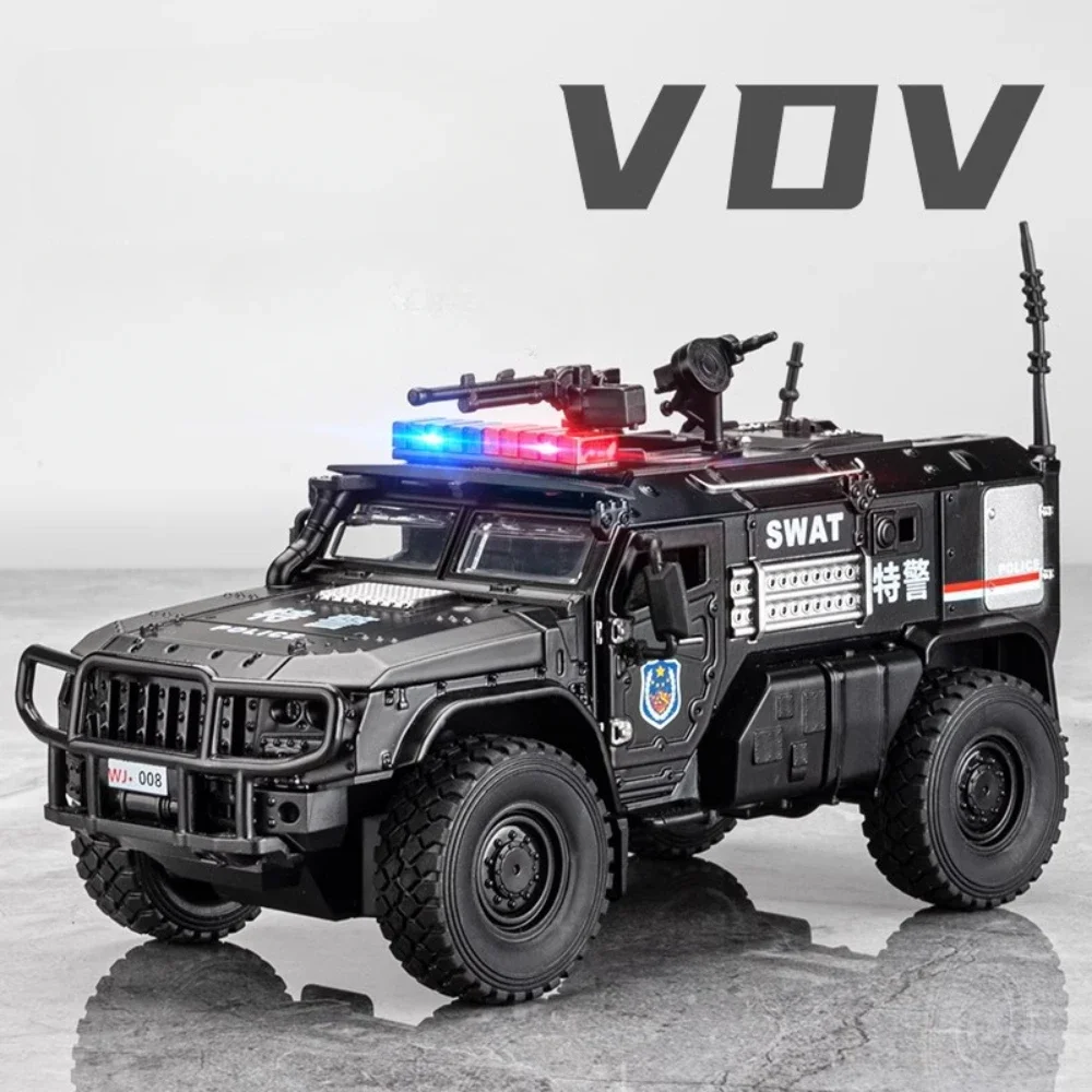 Modelo de coche blindado SWAT a escala 1:32, juguete con motor 4D, absorción de impacto, modelos de vehículos fundidos a presión de Metal, luz de sonido, regalo para niño