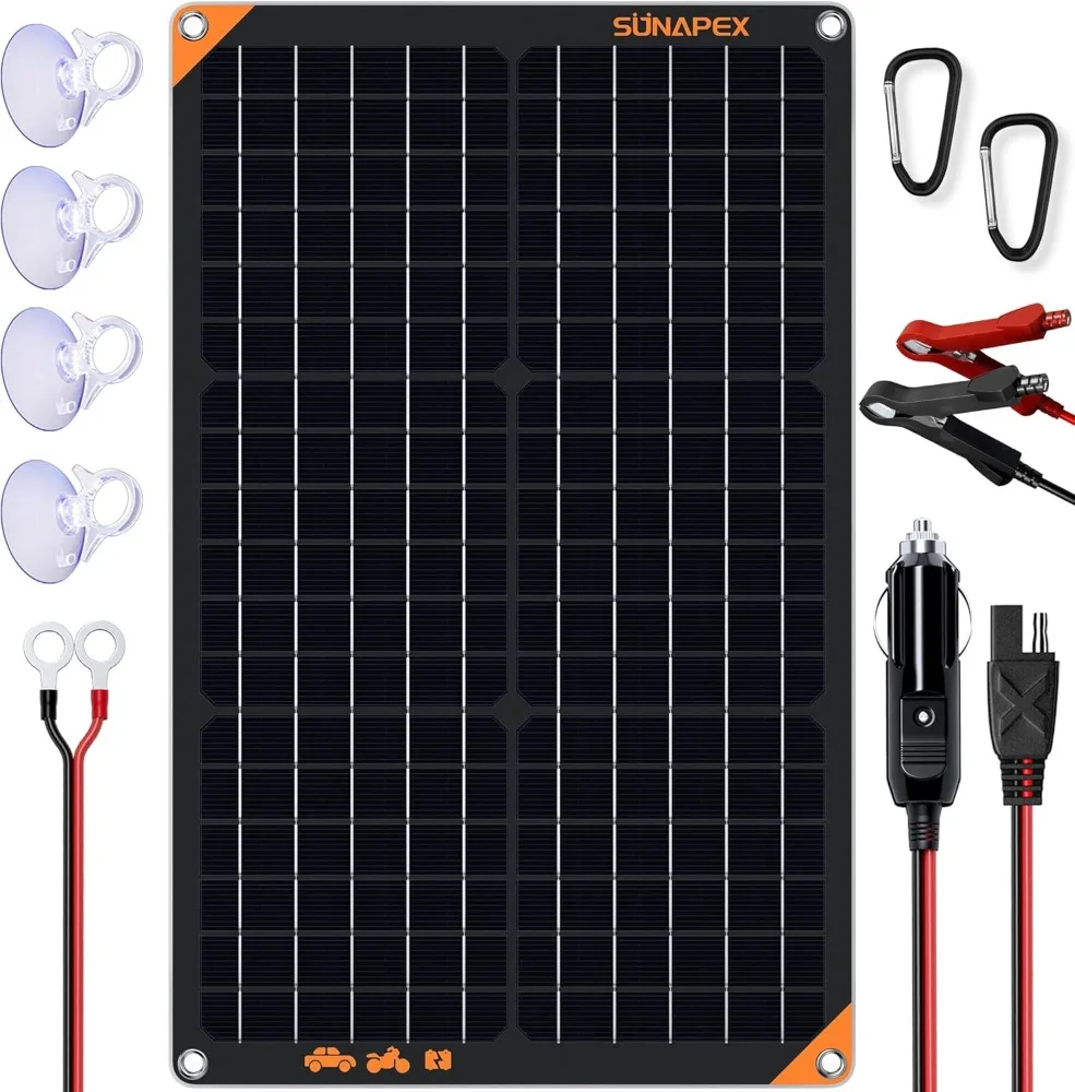 SUNAPEX 30W 12V Solar Panel Battery Charger Maintainer, Portable Waterproof Solar Trickle Charger with Built-in Charge