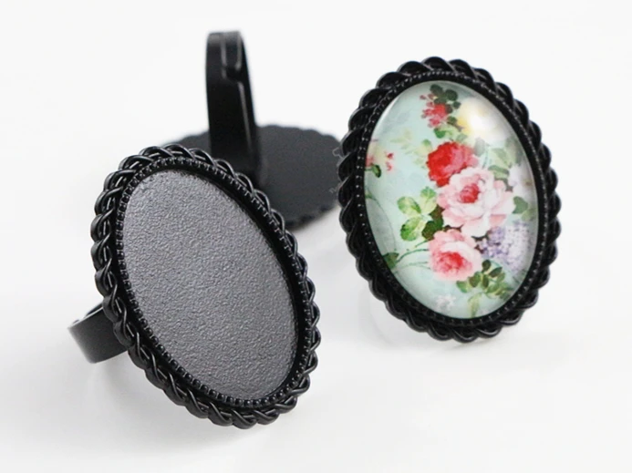 18x25mm 5pcs Black Antique Silver Plated Bronze Brass Oval Adjustable Ring Settings Blank/Base,Fit 18x25mm Glass Cabochons
