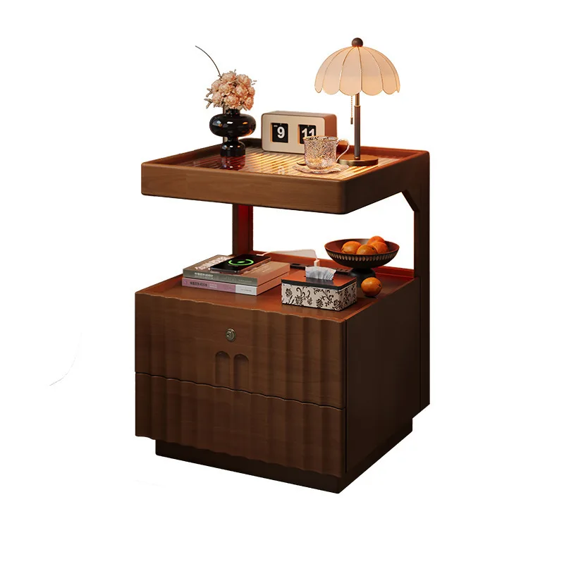 

Solid wood bedside table, simple modern home bedroom with lock locker, small bedside, easy storage