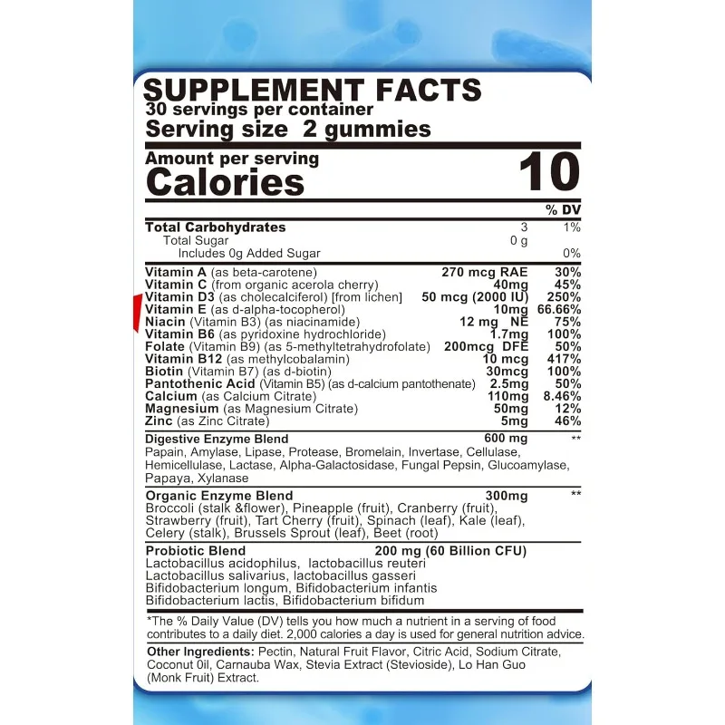 Digestive Enzymes Containing Probiotic Gummies, Various Vitamins, Calcium, Magnesium - Break Down Carbohydrates, Proteins, Fats