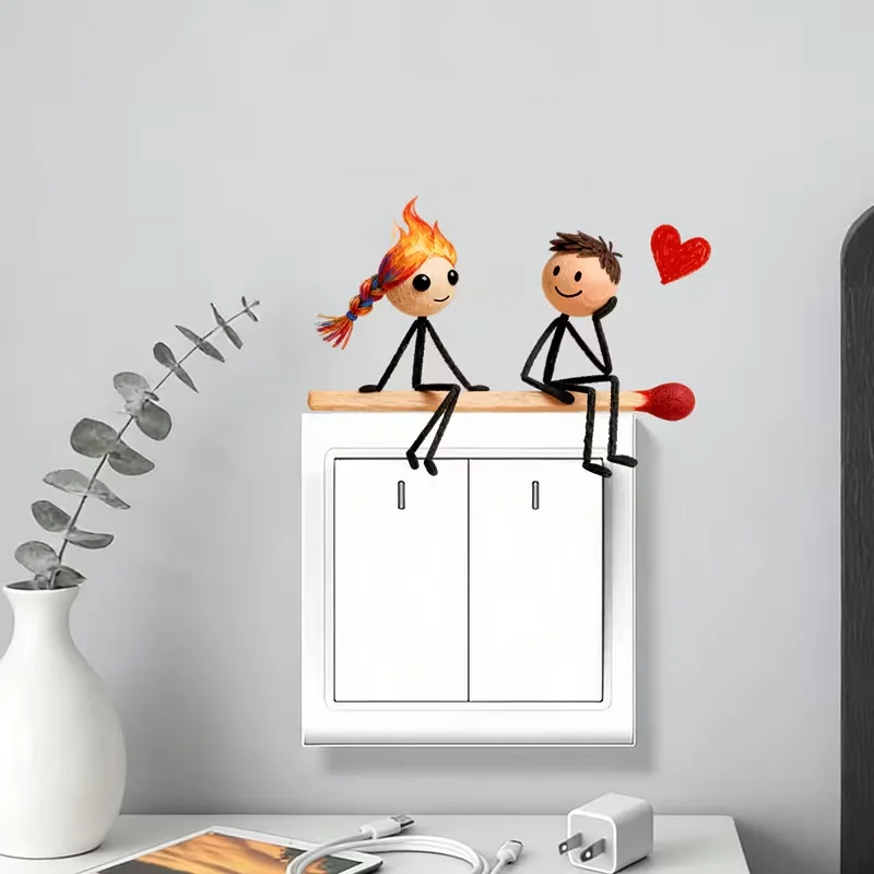 1pc， Two matchstick figures with deep affection, suitable for bathroom wall switch stickers. Self adhesive and easy to remove