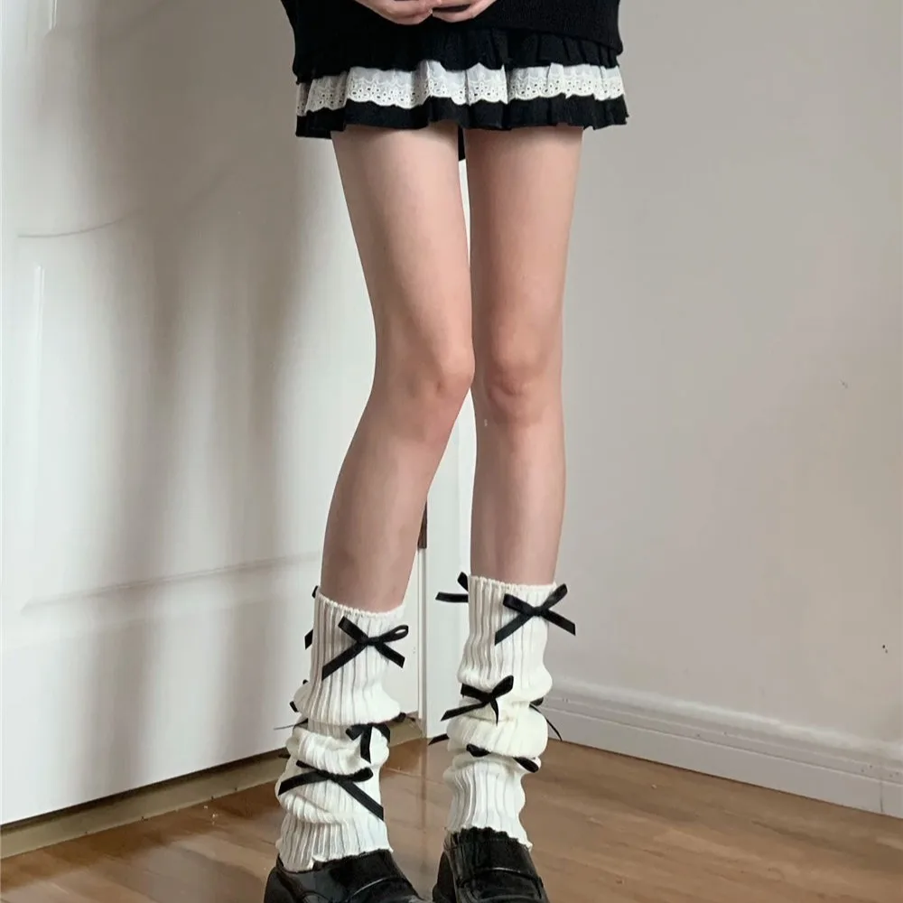 Lolita Knitted Cuffs Ankle Leg Warmer Stockings JK Candy Color Bow Leggings Women Girls Gothic Plaid Ribbon Strap Long Socks 2Pc