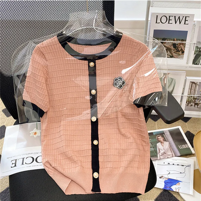 

Женская футболка с цветочной вышивкой, повседневная трикотажная футболка с круглым вырезом и коротким рукавом, лето 2023