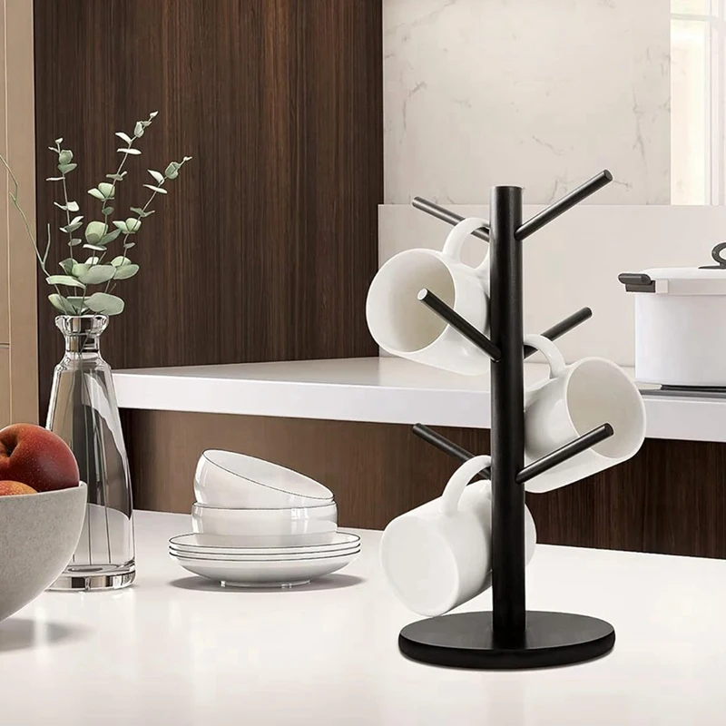 Suporte de copo de café BAAG-Bambu com 6 ganchos, árvore de caneca preta com base espessada, rack de armazenamento de balcão