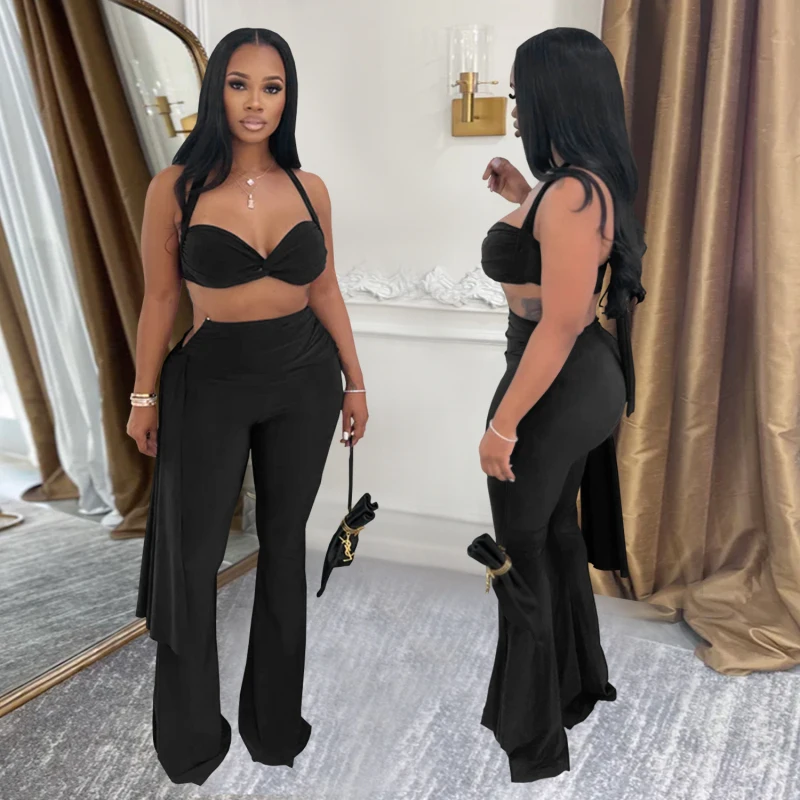Sexy Twist Front Crop Top And Long Straps Wide Legs Pants Set Womens Ruched Metal Tracksuits Set Night Out Overalls