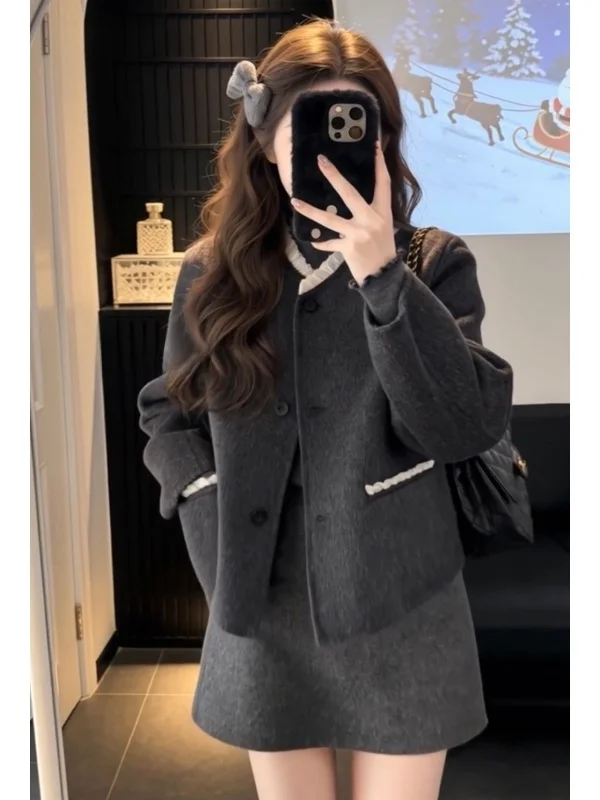 

Ele ey Woolen Suit Set Unique Faionable Two-Piece Outfit with Jaet And Skirt Adult Women's Winter High Waist